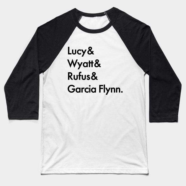 Timeless - Lucy & Wyatt & Rufus & Garcia Flynn. Baseball T-Shirt by BadCatDesigns